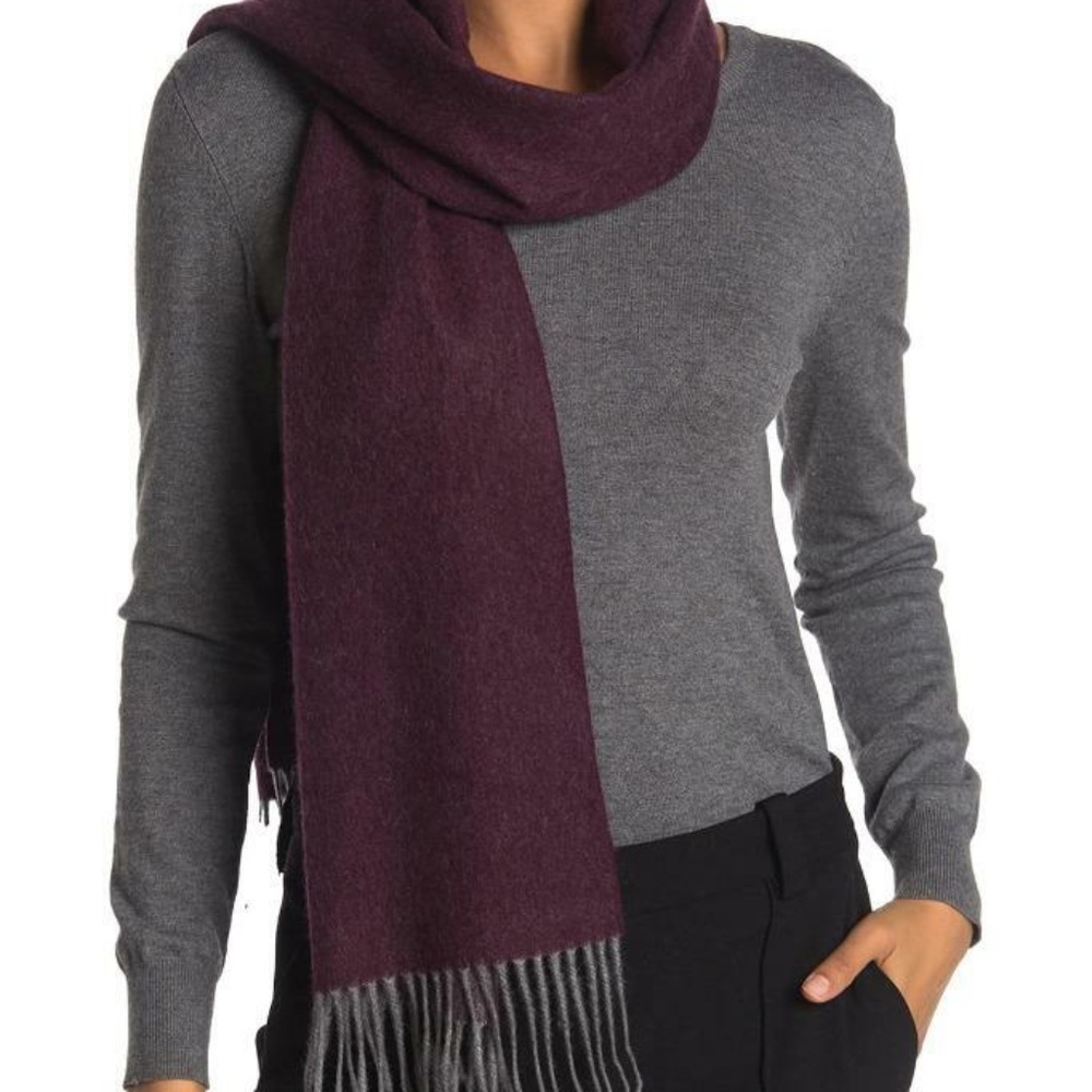 $198 - Qi Unisex Cashmere Burgundy/Grey Double Faced Fringe Scarf 70" L x 14" W